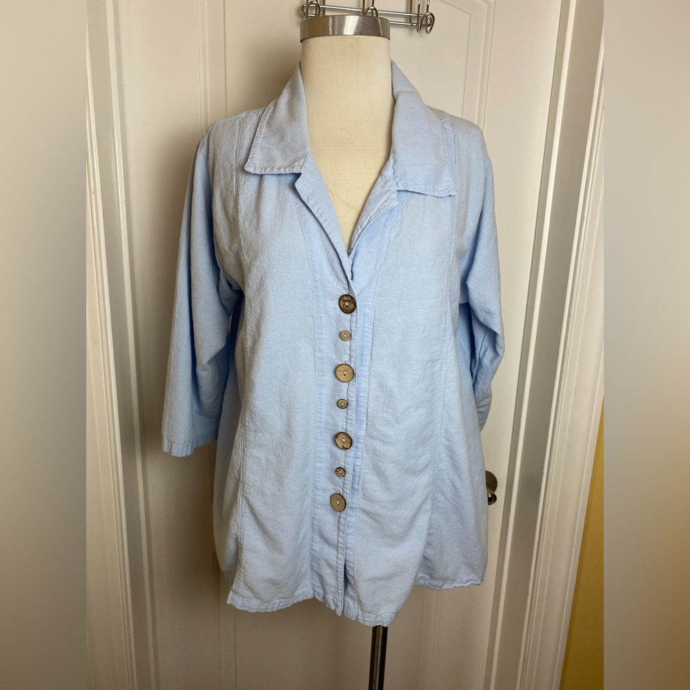 SeaBeeeze of California Blue Button Front Crinkle Shirt Lightweight Cotton XL